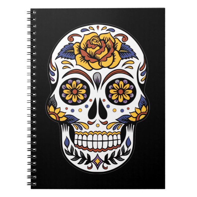 Caderno Espiral Crânio de Rosa Amarelo em Preto (Frente)