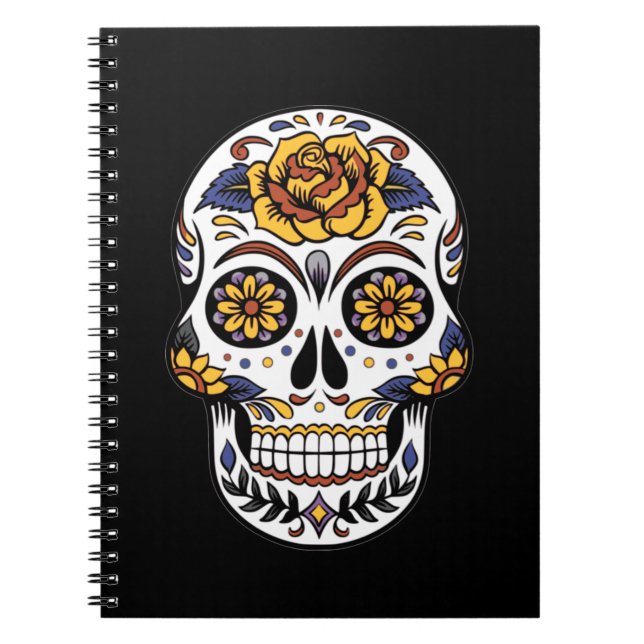 Caderno Espiral Crânio de Rosa Amarelo em Preto (Frente)