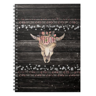 Caderno Espiral Crânio de Vaca Floral Rústico Boho Chic Glam Count