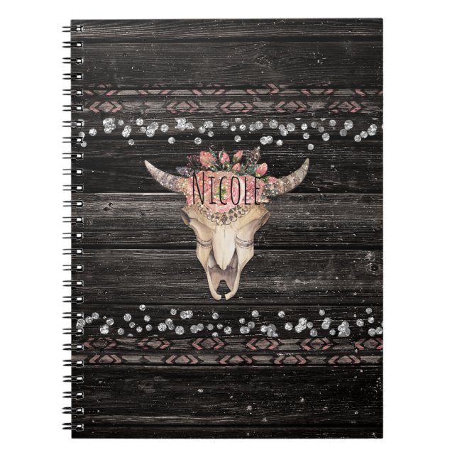 Caderno Espiral Crânio de Vaca Floral Rústico Boho Chic Glam Count (Frente)