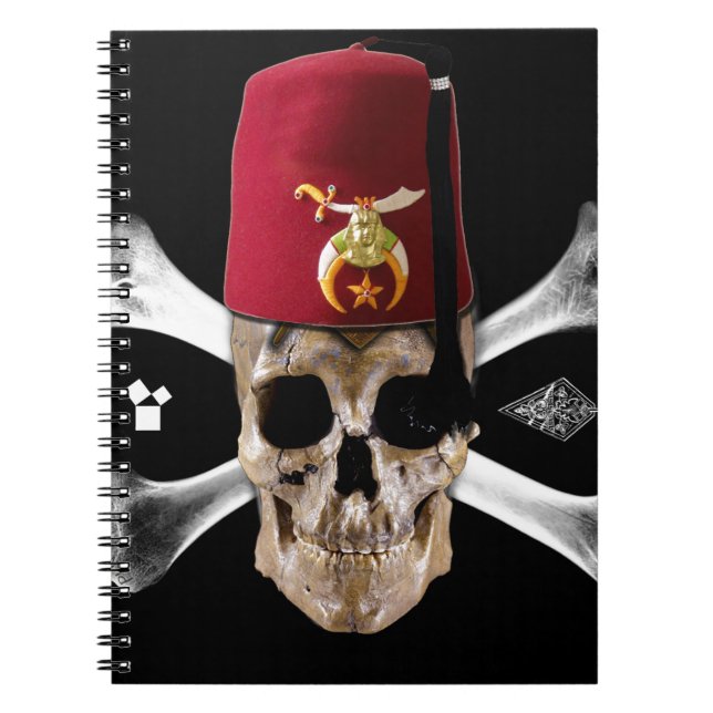 Caderno Espiral Crânio e ossos maçónicos de Shriner com Fez (Frente)
