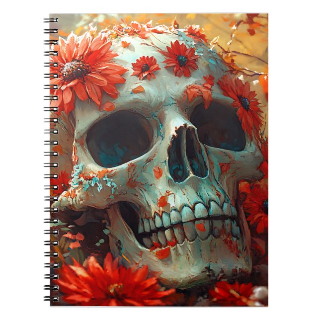 Caderno Espiral Crânio em flores silvestres no outono (Frente)