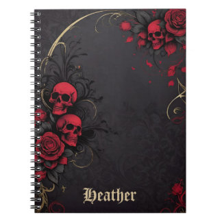 Caderno Espiral Cránios Florais Góticos Sombrios Rosa Vermelha Pre