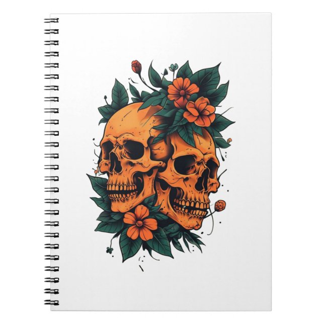 Caderno Espiral Crânios Gêmeos Floral Gótico (Frente)