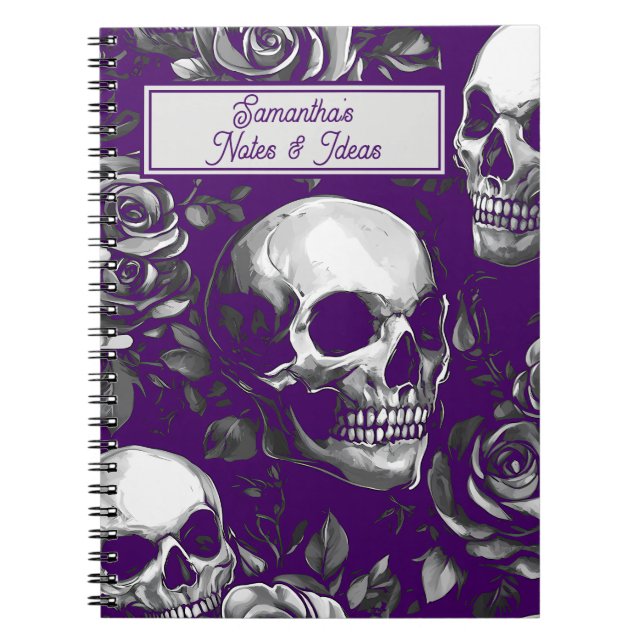 Caderno Espiral Crânios Góticos E Rosas Roxos (Frente)