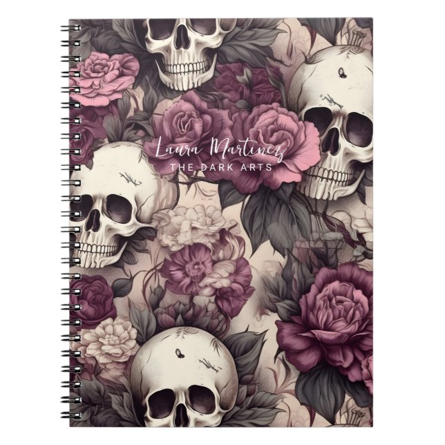 Caderno Espiral Crânios Góticos Negros Botânicos Florais Rosa (Frente)
