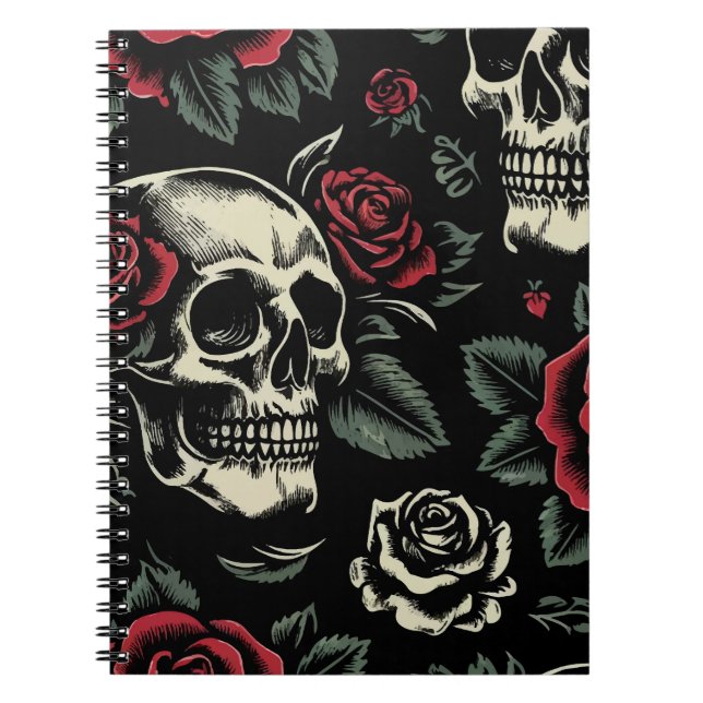 Caderno Espiral Crânios & Rosas Vermelhas Floral Gótico (Frente)