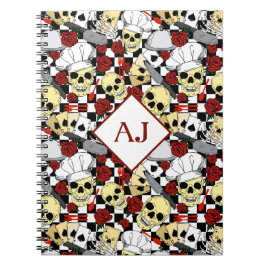 Caderno Espiral Crânios Vestindo Chef Hats Rosa vermelha Chef Padr