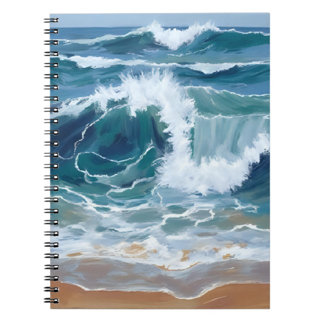 Caderno Espiral Crashing Ocean Waves | Coastal Blue Watercolor (Frente)