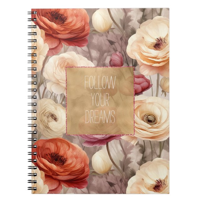 Caderno Espiral Cream Red Burgundy Floral (Frente)