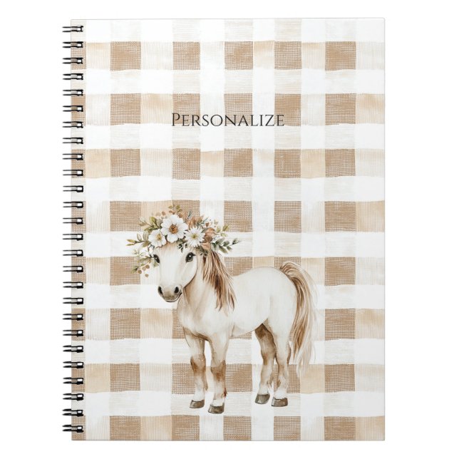 Caderno Espiral Cream White Plaid Stripes Floral Horse (Frente)