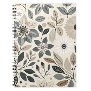 Caderno Espiral Creme e Verde Salvia Padrão Floral Moderno Ousado