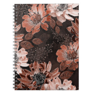Caderno Espiral Creme, flores teracota em um fundo marrom escuro