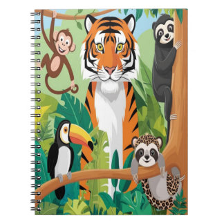 Caderno Espiral Crianças Animais Fofos Selva Tigre Macaco Pássaro
