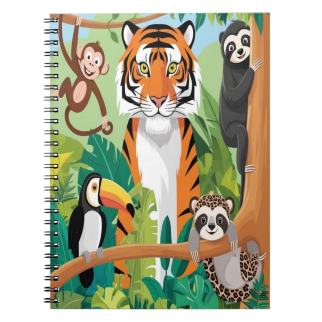 Caderno Espiral Crianças Animais Fofos Selva Tigre Macaco Pássaro (Frente)