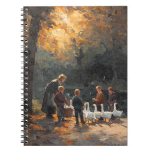Caderno Espiral Crianças com Gansos Luz do Sol de Outono Arte