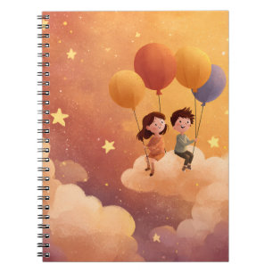 Caderno Espiral Crianças Flutuando em Balões Através de Nuvens de