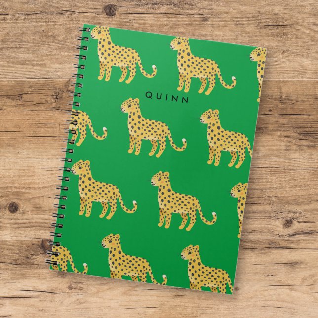 Caderno Espiral Crianças Fofas Leopardo Guepardo Verde c/ Nome (Criador carregado)