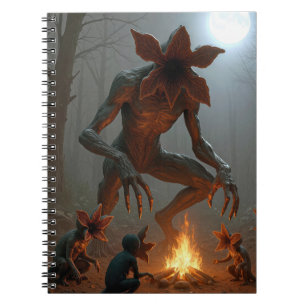 Caderno Espiral Criaturas Demogorgon em torno de uma fogueira