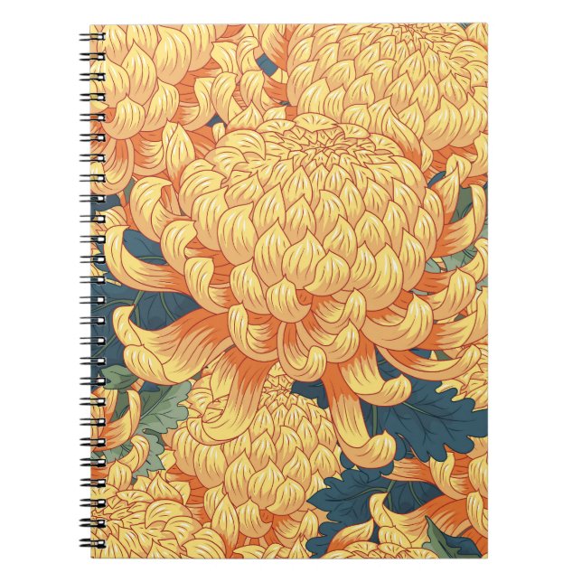 Caderno Espiral crisântemos japoneses: padrão floral amarelo. (Frente)