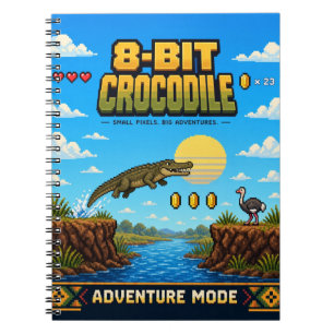 Caderno Espiral Crocodilo, Arte de Pixel Retro de 8 Bits