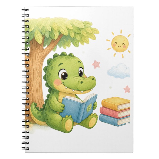 Caderno Espiral Crocodilo Fofo Lendo Debaixo da Árvore (Frente)