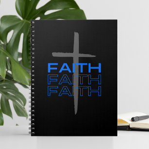 Caderno Espiral Cruz cinza com palavra fé azul