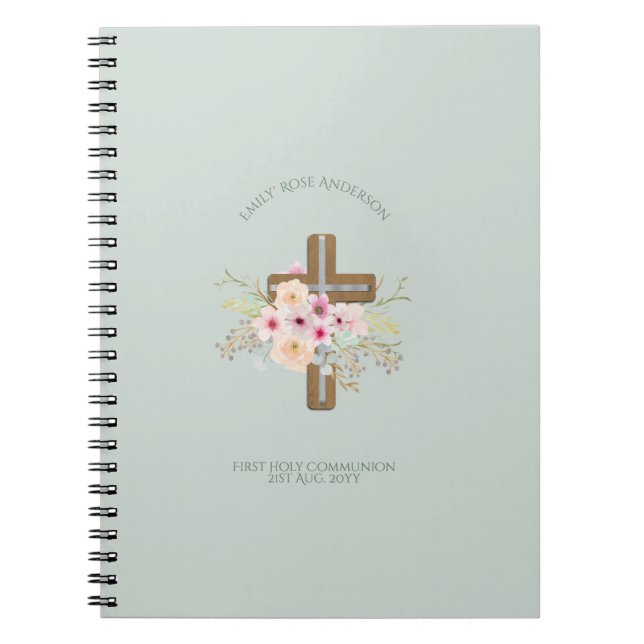 Caderno Espiral Cruz Floral Personalizada da Santa Comunhão (Frente)