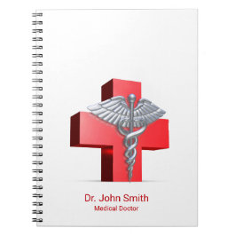 Caderno Espiral Cruzeiro Médico Prata 3D Caduceus Vermelho