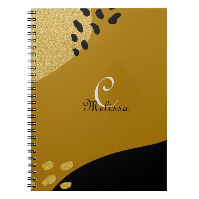 Caderno Espiral Cubo Boho Preto e Monograma Personalizado Dourado (Frente)