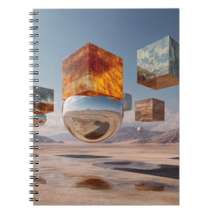 Caderno Espiral Cubos Flutuantes Surreais e Esfera Reflexiva