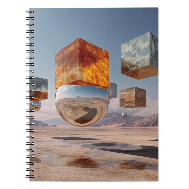 Caderno Espiral Cubos Flutuantes Surreais e Esfera Reflexiva (Frente)