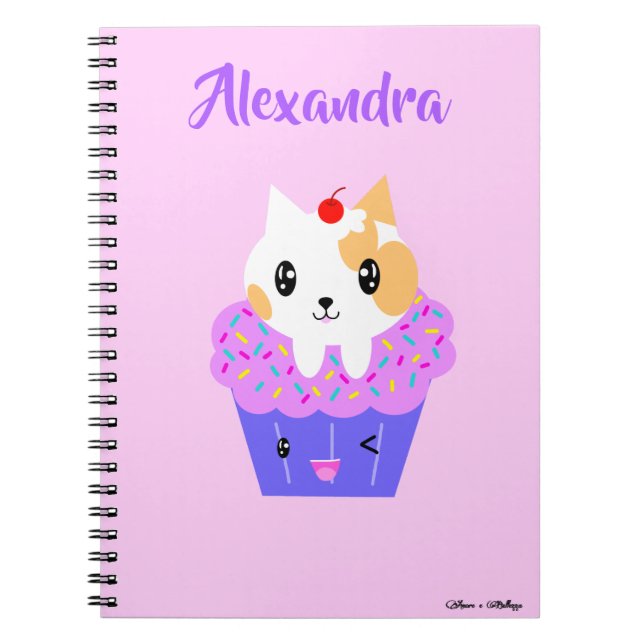 Caderno Espiral Cupcake de Gato Kawaii Calico (Frente)