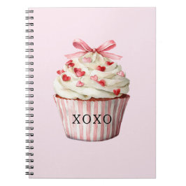 Caderno Espiral Cupcake Laço Rosa Corações Vermelhos  
