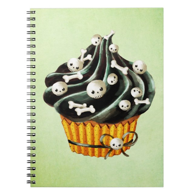 Caderno Espiral Cupcake preto do Dia das Bruxas com crânios (Frente)