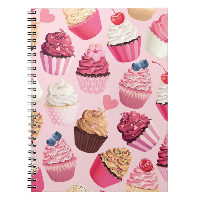 Caderno Espiral Cupcakes Rosa Pastel: Padrão Vintage. (Frente)