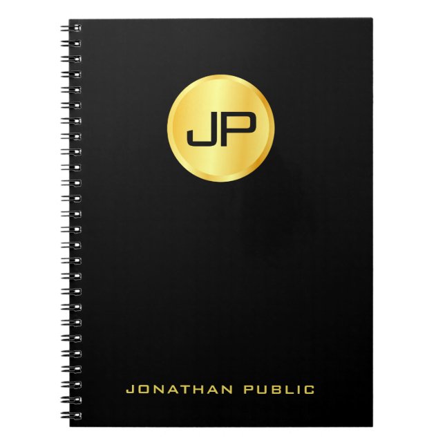 Caderno Espiral Custom Elegant Black And Gold Monogram Template (Frente)