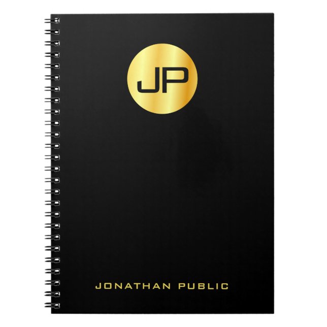 Caderno Espiral Custom Elegant Gold Monogrammed Black Template (Frente)