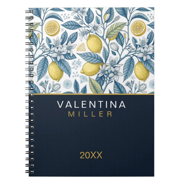Caderno Espiral Custom Elegant Mediterranean Lemon Botanical Navy (Frente)