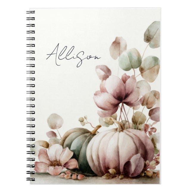 Caderno Espiral Custom Fall Design with Pumpkins and Flowers (Frente)