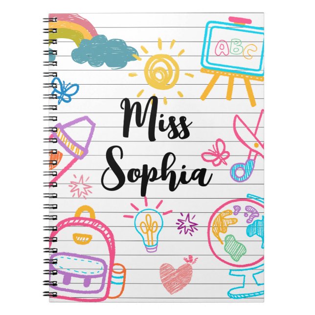 Caderno Espiral Custom Teacher Name | Cute Colorful doodle (Frente)