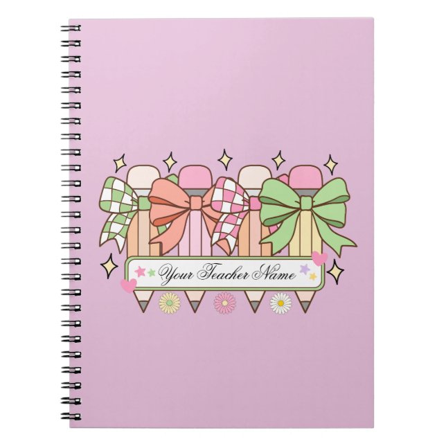 Caderno Espiral Custom Teacher Name Notebook | Cute Bow Teacher (Frente)