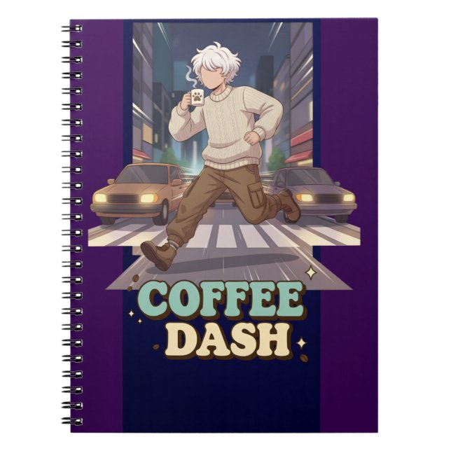 Caderno Espiral Cute Anime Boy Running in the City with Coffee (Frente)