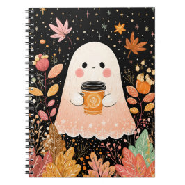 Caderno Espiral Cute Autumn Ghost with Pumpkin Coffee – Cozy Fall