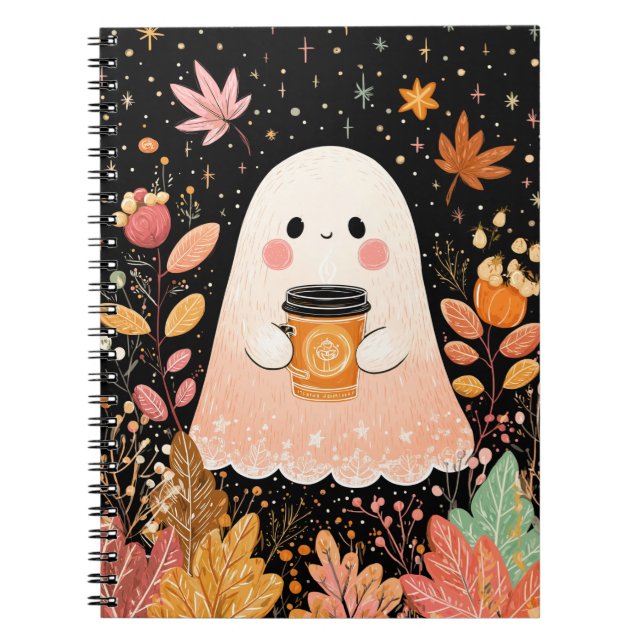 Caderno Espiral Cute Autumn Ghost with Pumpkin Coffee – Cozy Fall  (Frente)