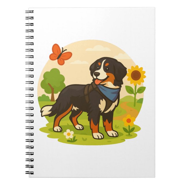 Caderno Espiral Cute Bernese Mountain Dog with Sunflower & Butterf (Frente)