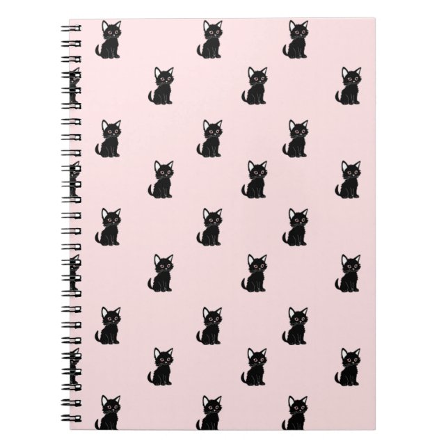Caderno Espiral Cute Black Cat Pattern on Pastel Pink (Frente)