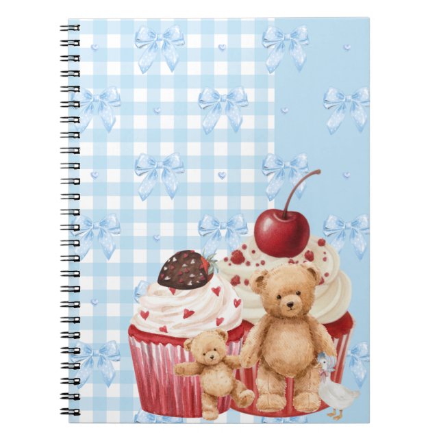 Caderno Espiral Cute Blue Gingham Teddy Bear & Ribbon (Frente)