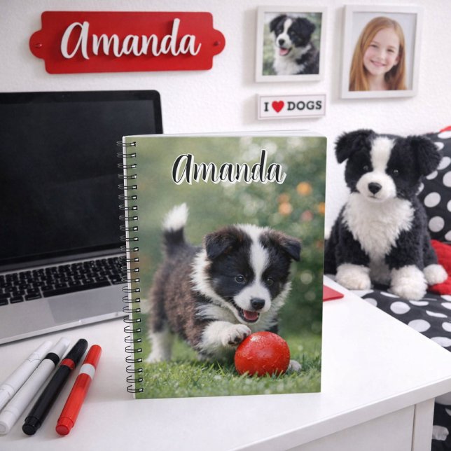 Caderno Espiral Cute Border Collie with Red Ball  (Cute Border Collie dog notebook for kids that love dogs. Add name or other text. )
