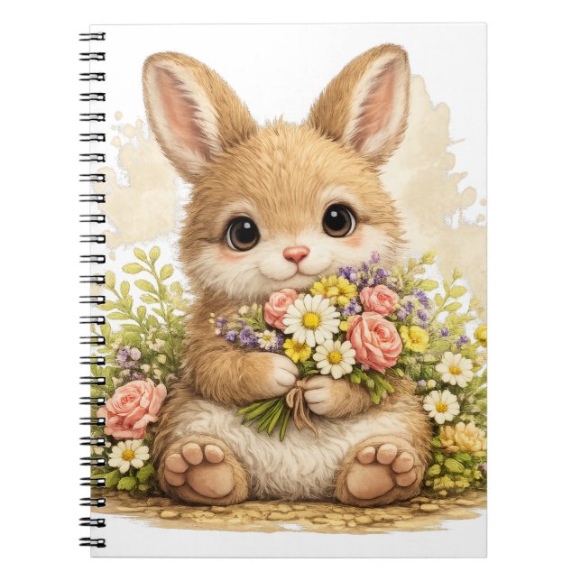 Caderno Espiral Cute Bunny Flower Bouquet Kawaii Notebook (Frente)
